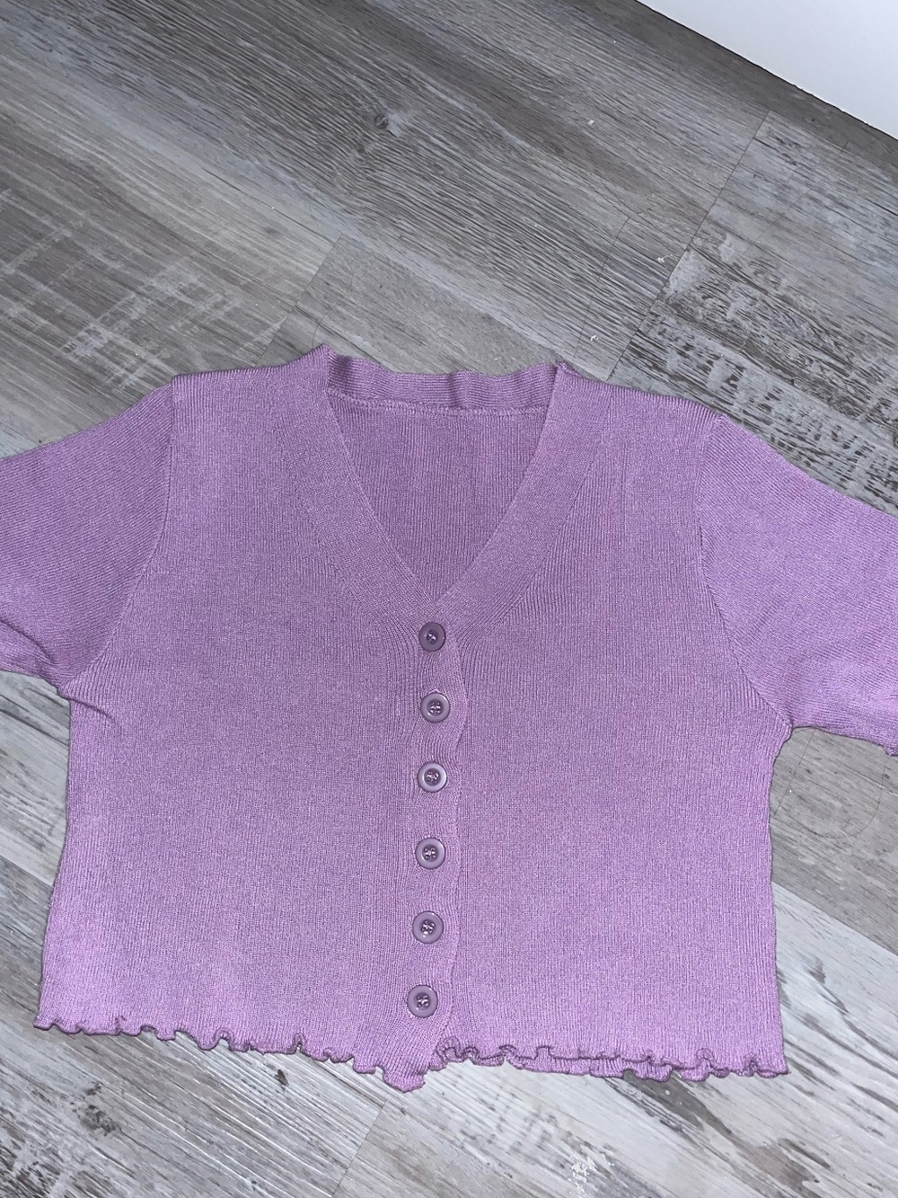 Lavender Button-Front Ruffle Trim Cropped Cardigan - Picture 3 of 7